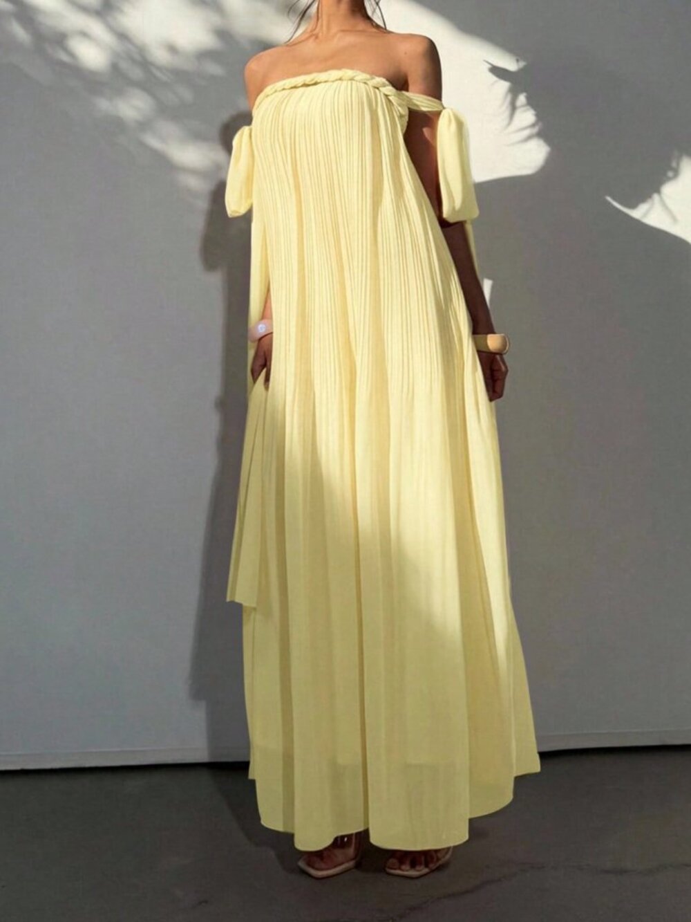 Light Yellow Bohemian Women's Off-Shoulder Chiffon Maxi A-Line Dress - Picture 6 of 8